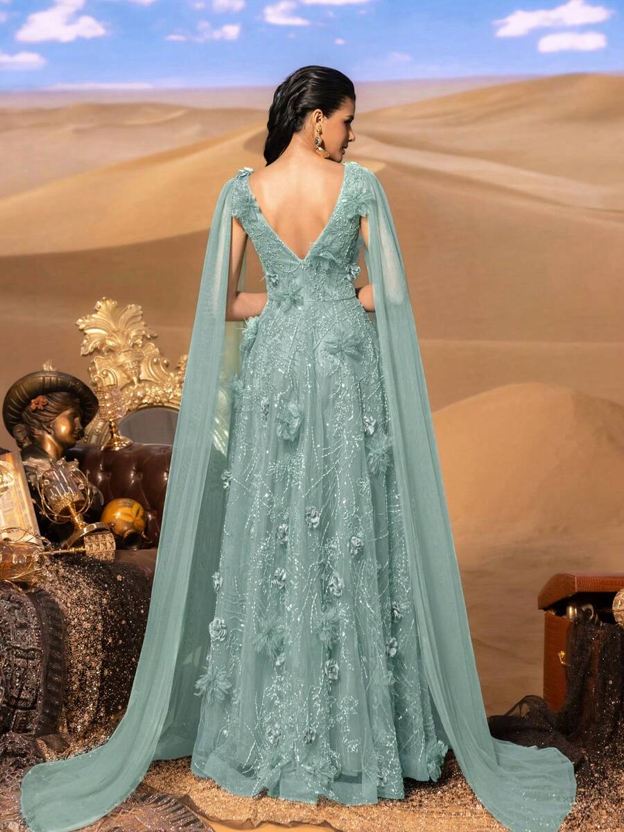 Faeriesty 优雅V领珍珠点缀晚礼服 - 3D立体花朵亮片装饰，层叠雪纺剪裁，浪漫迷人，适合约会、沙漠婚礼、正式晚宴等场合。 - 綠色 - 查看 1