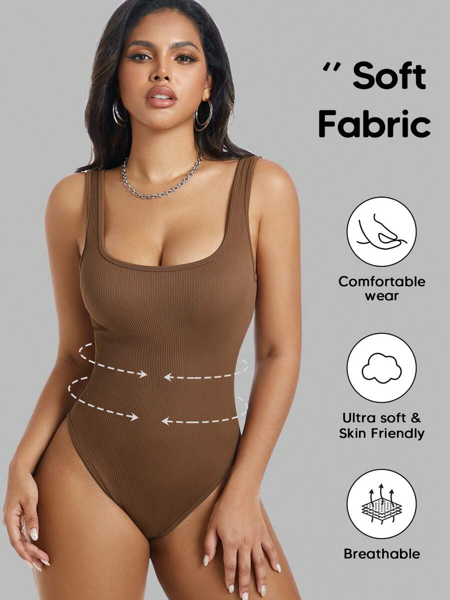 Solid Color Cotton Knit Seamless Shaping Bodysuit - Coffee Brown - View 1