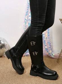 High Boots For Women's Mid Calf Fashion Dressy Motocycle Biker Military Style Combat Chunky Boots Low Heel Platform Shoes - 黑色 - 查看 6
