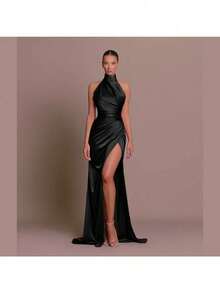 Evening Dress Dress, Temperament Split Neck Sleeveless Party Pleated Dress - 黑色 - 查看 2