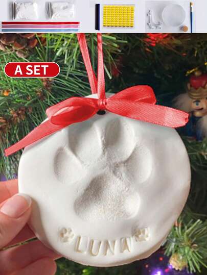 宠物爪印工艺套装，DIY纪念品套装，包含支架、刷子、模具盒、金色颜料、模具、3条丝带，宠物生日礼物，材质：粘土，包含2袋印花粘土