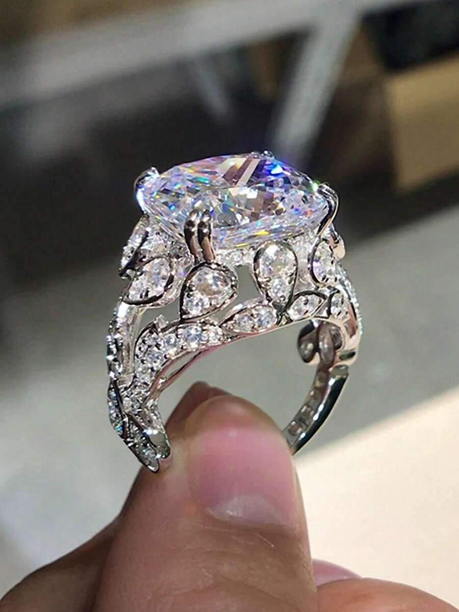 1枚精美立方氧化锆戒指，适合女性作为情人节礼物、结婚纪念日或派对饰品 - 銀色 - 查看 1