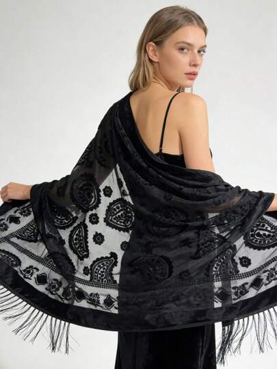 1pc Black Classic Elegant Velvet Fashion Versatile Unique Charming Long Tassel Shawl Scarf, Suitable For Evening Party