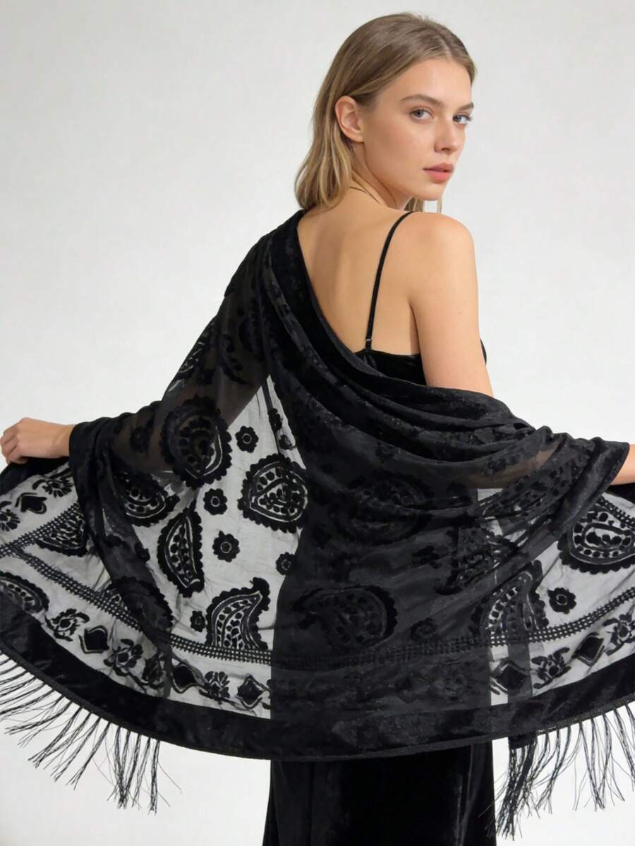 1pc Black Classic Elegant Velvet Fashion Versatile Unique Charming Long Tassel Shawl Scarf, Suitable For Evening Party - Black - View 1