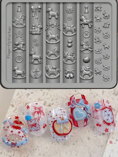 1pc Nail Art Mold, Cartoon Carousel, Bow, New Year Horse, Unicorn Wing, Retro Floral Border Decor, Transparent Silicone Mold