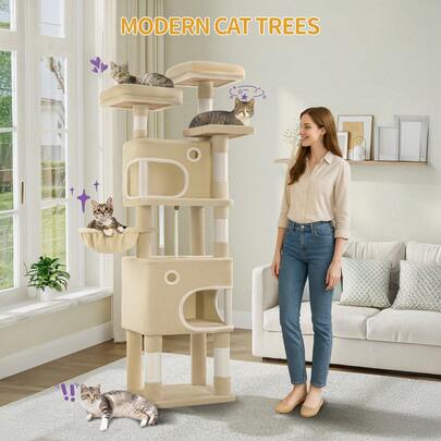HEXCELEN Arbre à chat, arbre à chat de 180 cm avec 8 griffoirs, 3 plateformes, 2 grottes, panier, balles en peluche, corde en sisal, convient aux chats de différentes tailles, beige
