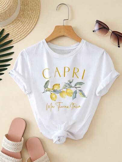 Camiseta de Manga Corta para Mujer con Estampados de Frutas y Letras - Algodón Suave, Ideal para el Verano, Look Casual Diario, Salidas con Amigas o la Playa. ¡Elige tu Diseño Favorito y Exprésate con Estilo!