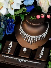 1 Set de Joyería Lujosa, Decoración de Hojas y Geométrica de Circonita Cúbica, Adecuado como Regalo de Compromiso para Mujeres - Plateado - Ver 3