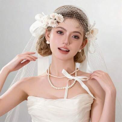 Bridal Veil Headband And Bow Hair Clips Set, Stylish Elegant Decorative Flowers Mesh Wedding Hair Accessories