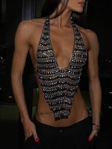 DEKUNER Rhinestone Studded Body Chain Top, Women's Deep V-Neck Beaded Bralette, Suitable For Daring Club Parties, Music Festivals, Birthday Gift - Antique Silver - View 7