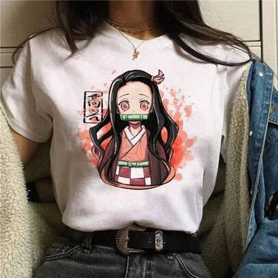 Demon Slay T-Shirt Women's Kimetsu No Yaiba NezukoS T-Shirt Female Tanjirou Kamado Graphic Tee Shirt Japanese Anime Manga T-Shirt, Kimetsu No Yaiba T-Shirt, Unisex Short-Sleeved Crew Neck T-Shirt With Fun Printed Designs, 100% Cotton, Japanese Anime Style, Classic Design, Comfortable And Casual, Suitable For All Seasons, Party T-Shirt, Couple T-Shirt, Perfect Gift. No. 7568