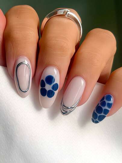 Transform Your Nails With 24pcs Medium Almond Shape Press On False Nails Fashionable Fresh Vintage Navy Blue Tortoiseshell Pattern Design Silver Asymmetrical Lines Wide French Press-On Nails Simple Nude Pink Base Color Blue Flowers Silver Stripes Fake Nails Full Coverage Fake Nail Tips For Women And Girls Includes 1sheet Adhesive Tabs & 1pc Mini File Strip Jelly Gel Random Shipment