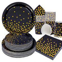 Black & Gold Half-Dot Disposable Tableware Set, 7/9 Inch Party Plates, Disposable Paper Plates, Napkins, Cups, Suitable For Holidays, Weddings, Engagements, Birthdays, Parties, Celebrations - Multicolor - View 5