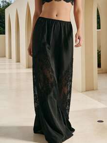 Women's Long Skirt Casual Lace Patchwork Solid Color Stylish Mid Rise Skirt For Spring And Summer - Black - View 2