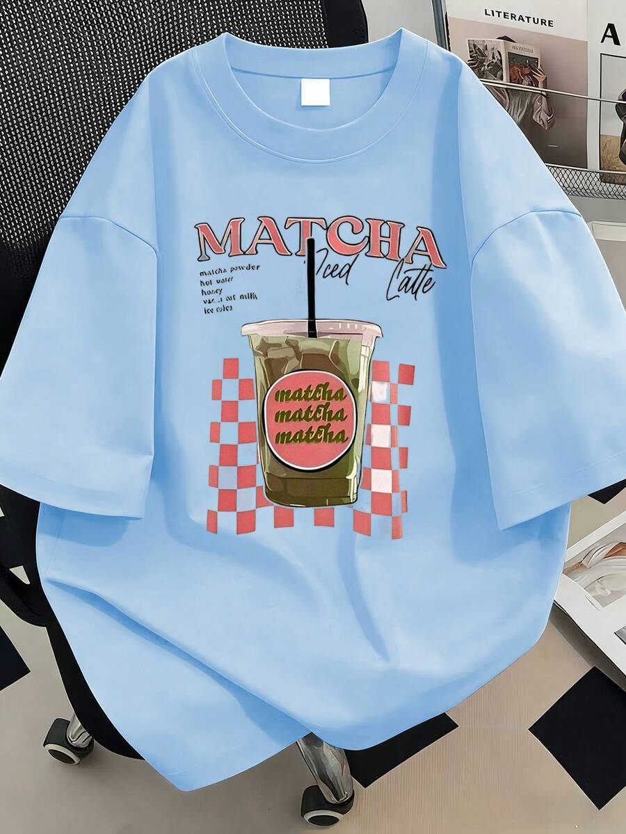 大码女式街头时尚饮料印花宽松短袖T恤，适合夏季度假、海滩、节日、春季、情人节、狂欢节、母亲节礼物；妈妈户外服 - 淺藍色 - 查看 1