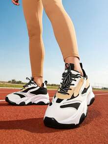 Women's Breathable Flat Sneakers Fashion Chunky Lace-Up Casual Comfortable Platform Sneakers Workout Sport Running Walking Tennis Shoes - 黑與白 - 查看 3