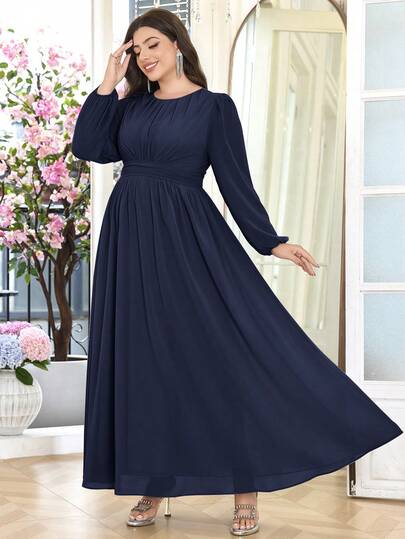Volly Toych Plus Size Women's Elegant A-Line Long Sleeve Floor Length Chiffon Formal Bridesmaid Dress, Wedding Guest Dress, Unlined Sleeves