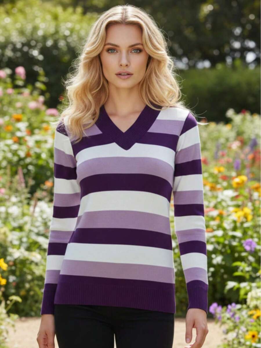 Women's Striped Sweater Top | Women's Long Sleeve Striped Top | Striped V-Neck Top - 紫丁香色 - 查看 1