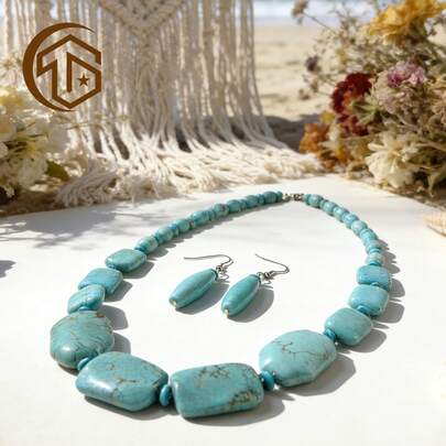 Zhenwei xina Bộ trang sức đá ngọc lam phong cách Boho, gồm vòng cổ đính hạt nổi bật và bông tai hình giọt nước, phụ kiện mùa hè lý tưởng cho bãi biển, lễ hội âm nhạc và du lịch.