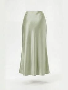 女士四季皆宜缎面弹力腰长裙 - 松綠色 - 查看 10