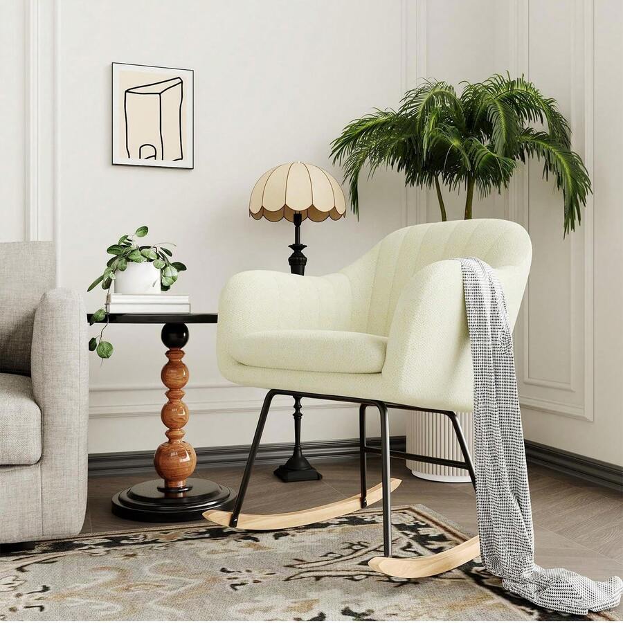 Mecedora de guardería, mecedora tapizada de chenilla, cómoda silla de lactancia para interiores, sillón con respaldo, cómoda silla auxiliar para sala de estar, dormitorio y oficina. - Beis - Ver 1