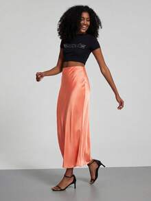 Women's Fashion All-Season Satin Elastic Waist Maxi Skirt Spring - Light Orange - View 5