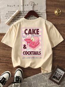 1 chiếc áo thun ngắn tay dáng rộng phong cách retro đường phố dành cho bé gái, in hình bánh ngọt và đồ uống ngộ nghĩnh, thích hợp cho mùa hè. - Màu be - Xem 3