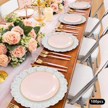 ZHFEISY Antique Charger Plates Bulk Round Plastic Dinner Plate Embossed Rim Server Plate Decorative Chargers Floral Plates For Dinner Parties Wedding - 100個-銀色2 - 查看 6