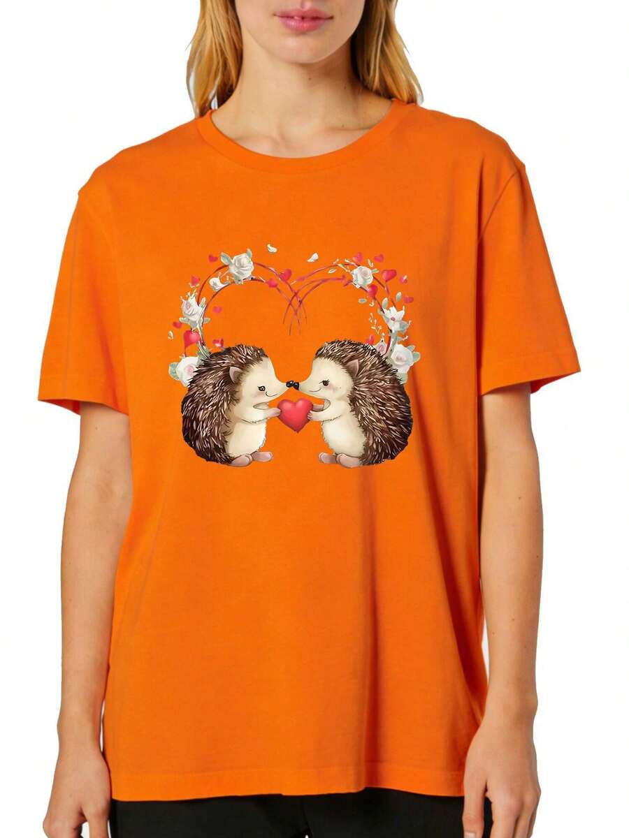 Hedgehog Love (2) Upscayl 3x Upscayl Lite 4x  Print Crew Neck T-Shirt, Casual Short Sleeve, Top For Spring & Summer,  Machine Washable, Suitable For Sports And Outdoor Activities, Women's Clothing - 橘色 - 查看 1