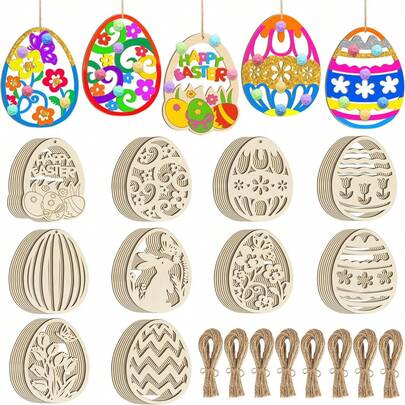 20/40pcs Wooden Easter Various Rabbit Egg Blank Decorations. You Can Customize Them According To Your Favorite Colors By Hand To Create Your Own. They Are Children's Handmade Painting Toys For Decoration. They Can Be Used For Artistic Creation, Suitable For Birthday Parties, Easter Festival Decorations, Festival Pendants, And Hanging Decorations