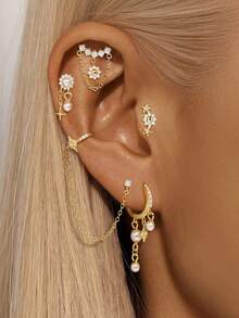 1件S925纯银个性化向日葵珍珠星星流苏耳钉，优雅日常佩戴饰品，节日礼物 - 金色 - 查看 2