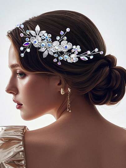 1pc Exquisite Alloy Flower & Leaf Rhinestone Decorated Hair Comb, Handmade Women Casual Hair Accessory Suitable For Party, Gathering, Ball, Banquet