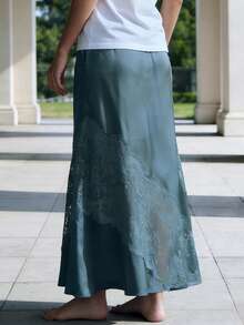Women's Long Skirt Casual Lace Patchwork Solid Color Stylish Mid Rise Skirt For Spring And Summer - Peacock Blue - View 6