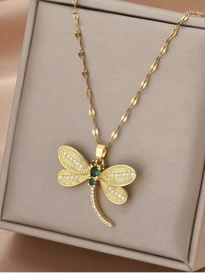1 pieza Collar con colgante de libélula chapado en oro de 18K con circonita cúbica, diseño creativo, uso unisex de moda retro minimalista para casual/fiesta (empaquetado en bolsa de OPP)