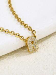 1pc Delicate Zirconia Inlaid Letter Pendant, Gold-Tone Copper Children's Jewelry Accessory, Party Decor Necklace Gift - Gold - View 4