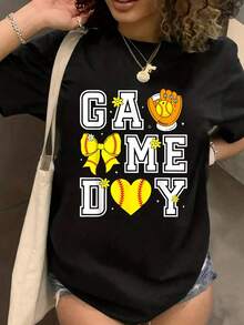 100% Algodón Maija Camiseta de Mujer Coquette Lazo Juego de Béisbol Softbol Corazón Amor Animadora Mamá Camiseta de Manga Corta Cuello Redondo Top Casual para Verano y Primavera, Ropa de Mujer - Negro - Ver 1