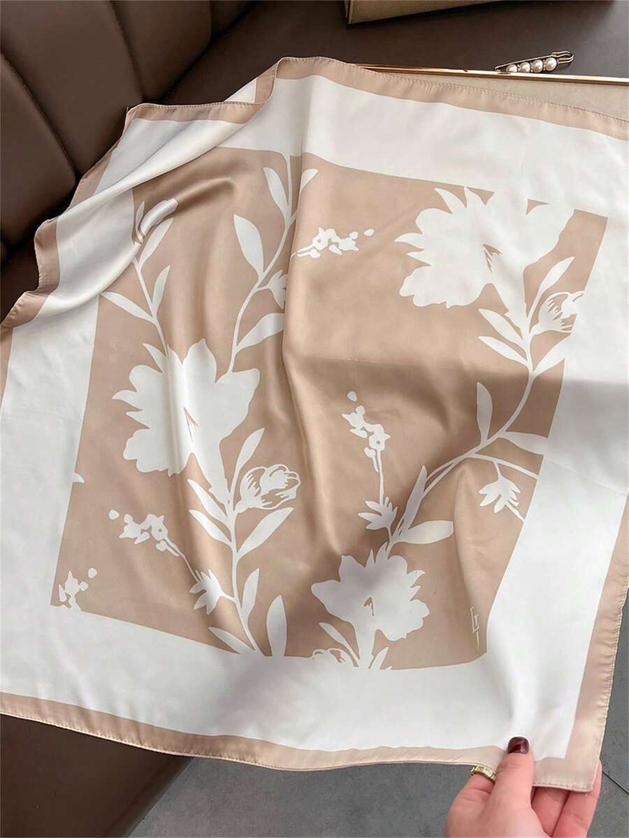 1pc New Floral Print Soft Square Scarf, Fashionable Minimalist Lightweight Vacation Style Shawl, Best Gift Choice - Multicolor - View 1