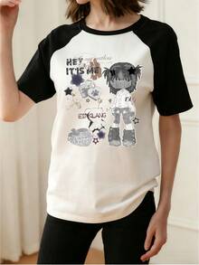 Y2K Grunge Rock Raglan Sleeve Anime Graphic T-Shirt, Women Loose Retro Graffiti Print Casual Street Wear Short Sleeve Top - White - View 4