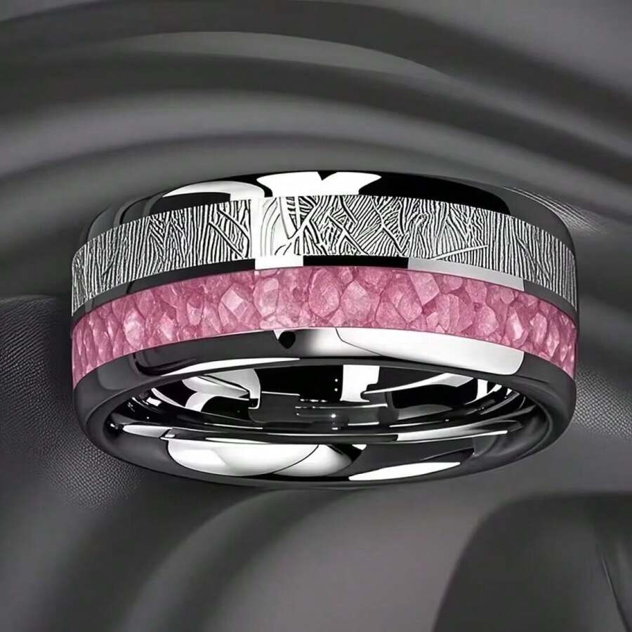 Men's Tungsten Ring, Inlaid With Pink Rose Quartz And Meteorite Patterns, Valentine's Day Gift, Exquisite And Fashionable Ring Is The Perfect Gift For Women, Romantic Gift, Anniversary, New Year's Eve, Men's Creative Gift, Men's Christmas Gift - Dual-slot Powder - View 1