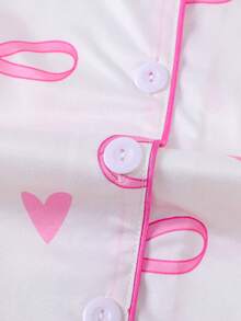 Set de 2 piezas de pijama para niñas con estampado de mariposas y corazones, color base rosa, top con cuello de cárdigan de manga corta y pantalones cortos de cintura elástica suelta, estilo princesa dulce, adecuado para niñas, conjunto de ropa de casa casual lavable a máquina - Blanco - Ver 7
