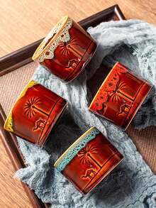 1个130毫升/4.6盎司复古陶瓷咖啡杯，饰有骆驼和椰枣树图案，窑烧工艺，适用于意式浓缩咖啡、茶、拿铁、阿拉伯咖啡、沙特咖啡、水等，是居家、厨房、咖啡馆、办公室、节日、派对、宴会的理想之选，也是一份特别的礼物。 - 彩色 - 查看 7