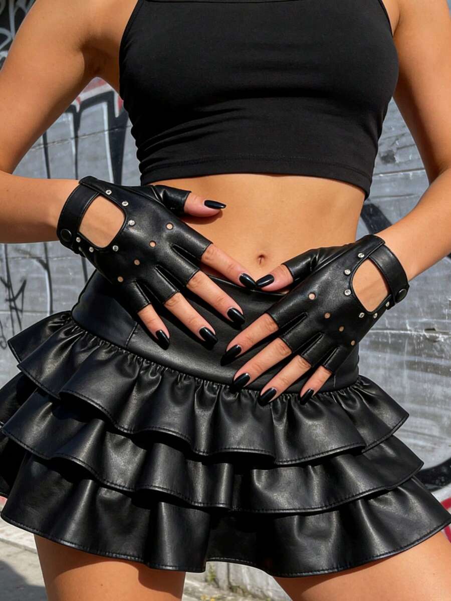1 Pair Rhinestone Decorated Half Finger Motorcycle Gloves - Black - View 1