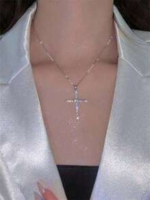 1pc Full Diamond Star Shaped Cross Pendant Necklace For Women – Fashionable Rhinestone Style Jewelry, Perfect For Parties, Gift Idea, Lightweight And Sparkling Accessory - 1 - 查看 5