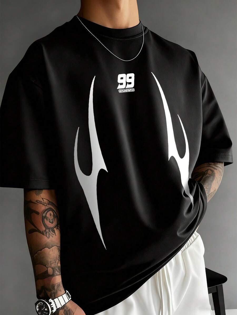 Men's Casual Fashionable Street Numeric Print Short Sleeve T-Shirt, Suitable For Summer - Black - View 1