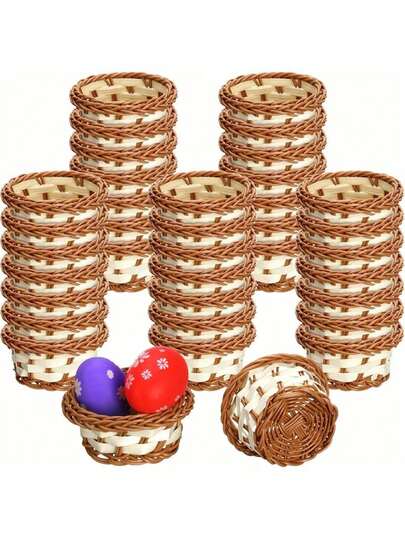 6pcs Mini Woven Picnic Baskets For Snacks, Decorations, Party Favors And Crafts - Whitewash End, PE Imitation Rattan Material, Compact Storage Bins For Easter Egg Display, Home Organization, Gift Presentation, Seasonal Prep, Portable Picnic Accessory, Durable Lightweight
