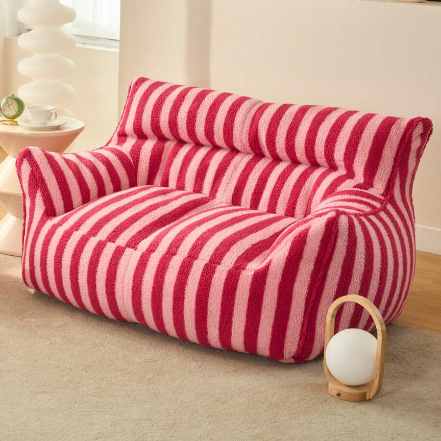 Giant Bean Bag Chairs For Adults With Filling Teddy Fleece Plush Fluffy Bean Bag Single Sofa And Loveseat With Armrest, Lounge Lazy Floor BeanBag Chair, Cozy Fluffy Couch For Living Room, Bedroom & Dorm - Sọc đỏ hồng - Xem 1