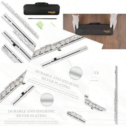 Sonicake C Flutes Closed Hole 16 Keys Flute Gloves Tuning Rod Silver