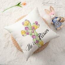 4件套复活节兔子抱枕套，春日乡村风格，饰有十字架、郁金香和复活节花卉图案，单面设计，不含枕芯。 - 彩色 - 查看 9