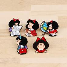 5pcs/Set Cute Curly-Haired Girls Enamel Pins Cartoon Figure Brooch Lapel Pin Badge On Backpack Clothing Accessories Fashion Jewelry Gifts - Black - View 11