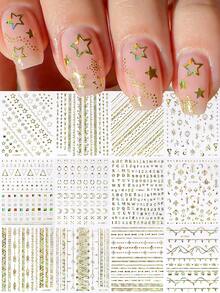 12 Sheets Laser Golden Moon Star Moon Nail Stickers Heart Arrows, Radiant Stars, Alphabet Stripes Bohemian Style Nail Decals Self-Adhesive Nail Art Dekorationen Manicure Decal 8*10cm - Multicolor - View 3